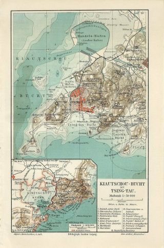 1895 China Qingdao Tsingtao Jiaozhou Wan Bay Antique Map