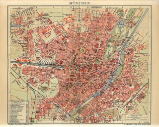 1909 Germany Munich City Plan Antique Map Dated