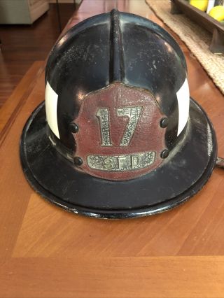 Rare “sfd” Vintage Red Leather Fireman Fire Department Helmet Badge Shield