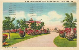 Vintage Florida Postcard Miami Tropical Park Race Track Club House Entrance