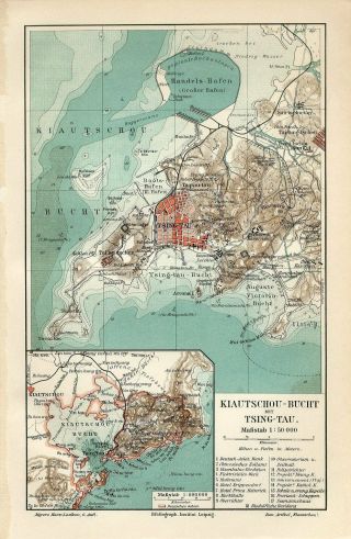 1898 China Town Plan Of Tsingtao (qingdao) Jiaozhou Wan Bay Antique Map