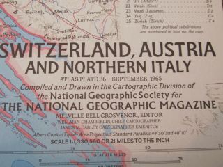 Switzerland,  Austria And Northern Italy Map From National Geographics 1965