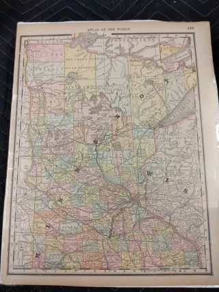 Antique 1880s Map Of Minnesota Atlas Of The World Rand Mcnally Hand Colorized