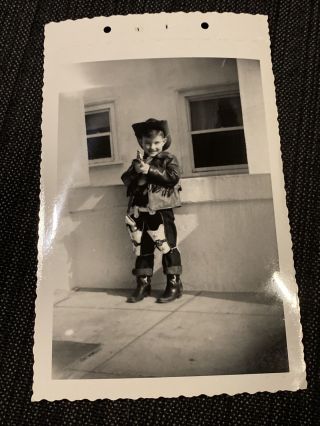Little Boy Cowboy Outfit Toy Gun Boots B&w 1950s Vintage Photo