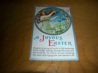 Vintage Antique Postcard Easter Angel With Butterfly Wings Blue Birds Posted