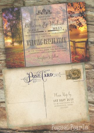 Personalised Photo Autumn Rustic Vintage Postcard Wedding Invitations 10 