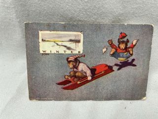 Vintage Winter Sledding Bears Postcard With One Cent Benjamin Franklin Stamp
