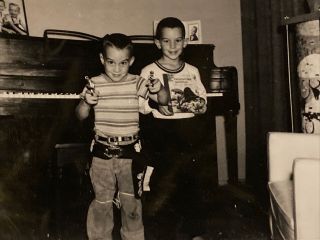 Kids with Toy Guns Cowboys Piano 1960s B&W Vintage Polaroid Photo 2