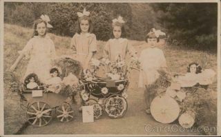 Rppc Four Little Girls With Dolls In Play Strollers Real Photo Post Card Vintage
