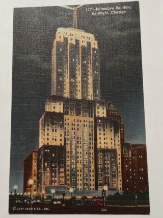 1930s - 40s Vintage Linen Chicago Postcard Palmolive Building By Night Art Deco