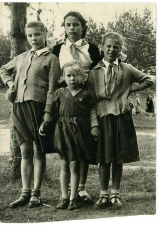 1950s Pioneer Camp School Girls Braids Fashion Russian Vintage Photo