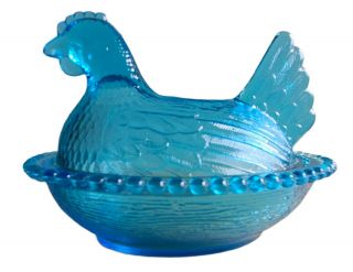 Rare Vintage Turquoise/aqua/horizon Blue Indiana Glass Hen On Nest Candy Dish
