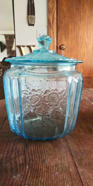 Rare Mayfair Open Rose Blue Depression Glass Cookie Jar