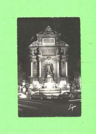 F Postcard Paris La Nuit Les Fontaines Place Saint Michel Vintage Card