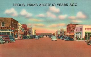 Pecos,  Tx,  Oak Street North,  About 50 Years Ago,  Linen Vintage Postcard A2514