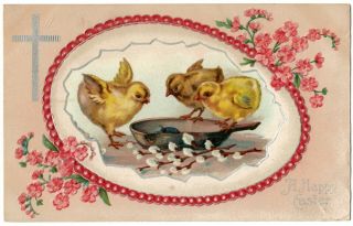 Easter Greetings Chicks And Egg With Cross - Vintage Postcard C1910s
