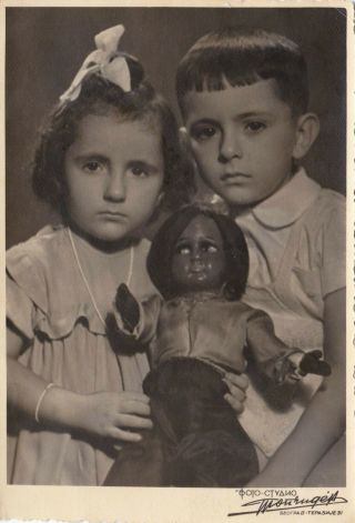1950s Cute Little Children Boy Girl W/ Black Doll Toy Unusual Odd Kids Old Photo