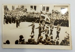 Greek Greece 1960s Army Officers At Chania Parade With Royal Flag / Text At Back