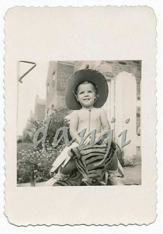 Little Cowboy Boy With A Gun Riding Into The Camera On A Toy Tiger Old Photo
