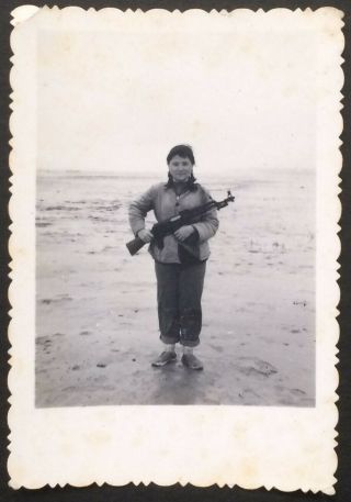 Seaside Chinese Militia Girl Ak47 Gun China Culture Revolution Photo