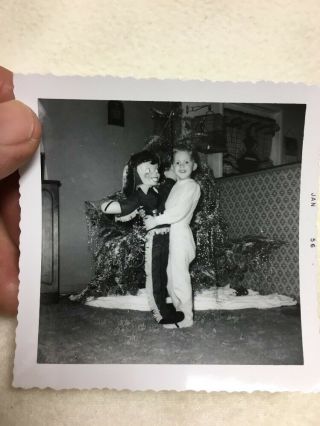 1956 Vintage B&w Xmas Photo Of Little Boy With Davy Crockett Dance - With - Me Doll