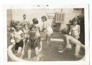 Vintage Photo Cute Kids Swimming Boy Girl Moving No Shirt Inflatable Pool Wow