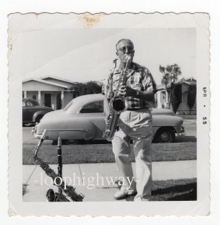 Saxophone Man Breaks Out Riff On Suburban Sidewalk - 1950s Vtg Old Photo,  Cars