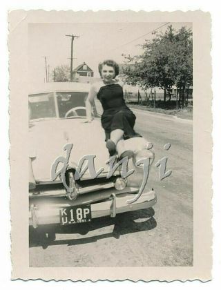 Young Lady In A Seductive Pose On A 1951 Henry James Car Fender Old Photo