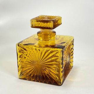 Amber Pressed Glass Square Perfume Bottle W/ Stopper Rare Starburst Design - 4 " H