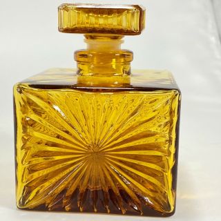 Amber Pressed Glass Square Perfume Bottle w/ Stopper rare starburst design - 4 