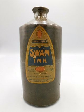Vintage Rare Dark Brown Rare Swan Ink Bottle With Label Pottery