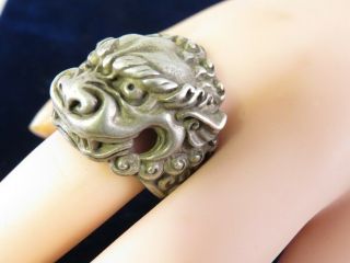 Rare Antique Chinese Lion Foo Dog Ring Silver Signed Sz 9