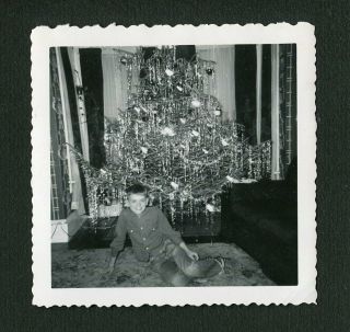 Boy & Christmas Tree W/ Tinsel & Shiny Brites Vintage 1953 Photo 466074