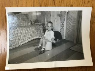Vintage Black & White Photo Little Boy Sitting On Pot Potty Training 1959