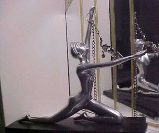 Rare Art Deco Style Modernistic Nude Lady Chrome Metal Statue On Geometric Base