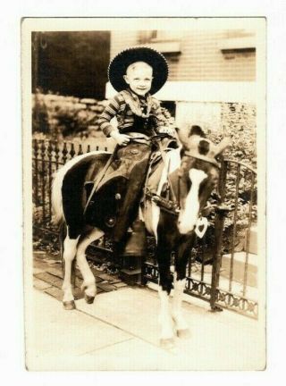 Vintage Photo Little Boy In Full Cowboy Outfit On A Little Paint Pony