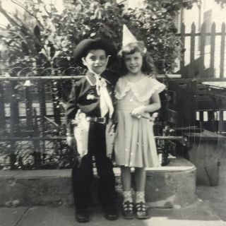Vintage Black And White Photo Little Boy Girl Costumes Cowboy Princess Halloween