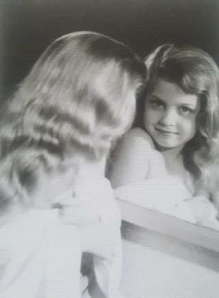 Vintage Photo Little Girl Long Hair Looking In Mirror Camera 1940 