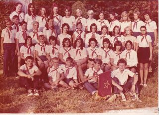 1970s Pioneer Camp Children Boys Girls Uniform Flag Old Soviet Russian Photo