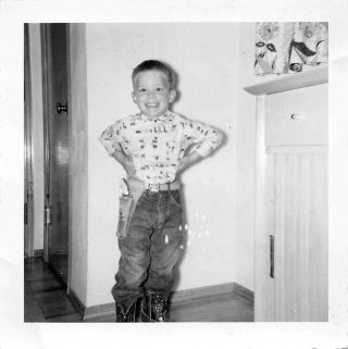 Big Grin Little Cowboy - Cap Gun & Holster Boots & Smile Boy Vtg 1950s Photo 105