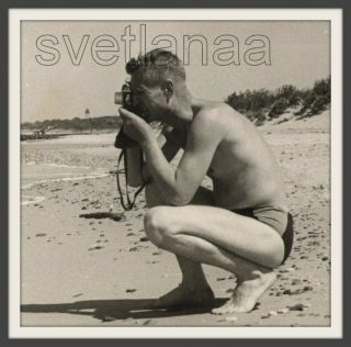Beach Photographer Camera Covers Face Handsome Man Sports Figure Ussr Old Photo