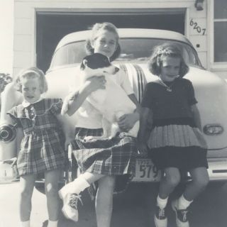 Vintage Black And White Photo Little Girls Car Bumper Holding Terrier Dog