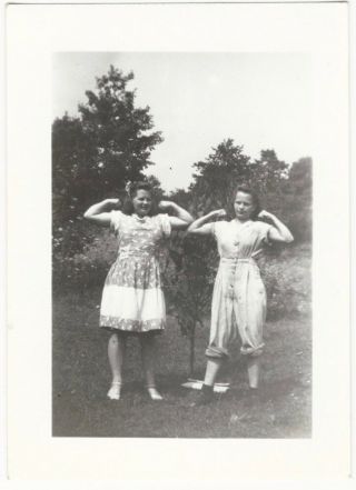 1940s Two Strong Women Show Off Their Muscles In The Backyard Snapshot