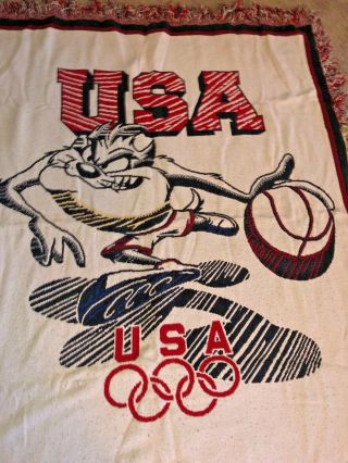 Vtg USA 1996 Olympic Blanket Tasmanian Devil Basketball Team Space Jam Rare Taz 3