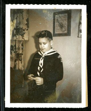 Vintage Polaroid Photo Boy In Boy Scout Uniform And Cap Admires Badge/patch