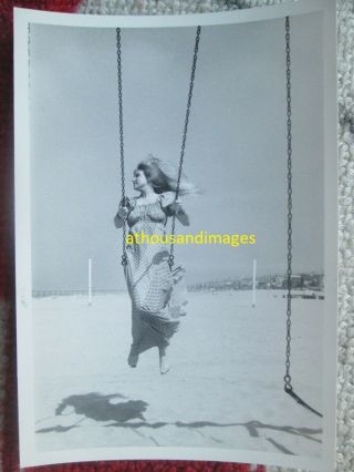 Real Photo Pretty Woman In Dress On Swing Swinging At Beach Ocean Hippie W126