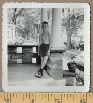 1951 Shirtless Young Man Stands On Porch For Summer Snap Vintage Photo Snapshot