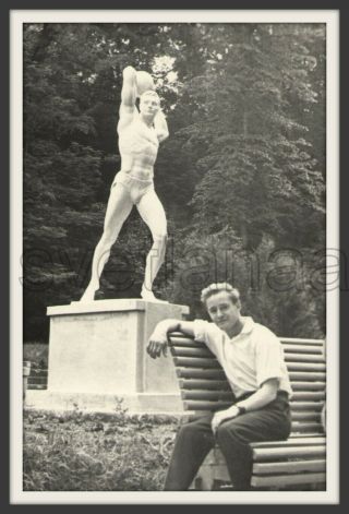 In Park Couple Athlete Sport Handsome Man Trunks Muscle Bulge Ussr Old Photo Gay