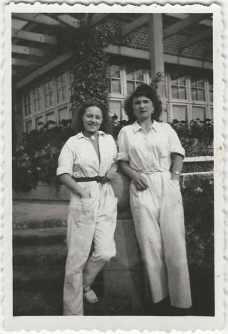 1940s Two Young Women In White Overalls Pose By The Garden Arbor Snapshot