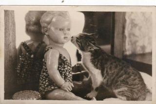 1950s Cute Tabby Cat Kiss Doll Toy Pet Love Unusual Abstract Odd Russian Photo